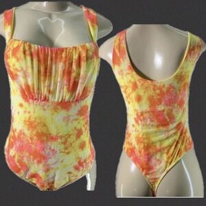 Leith Orange Yellow Tie Dye Ruched Mesh Lined Square Neck Sleeveless Bodysuit XL